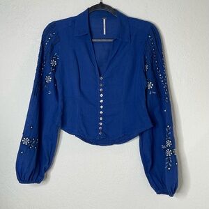 Free People Women Embroidered Floral Puff Sleeve Sz XS Blue Linen Button Peasant